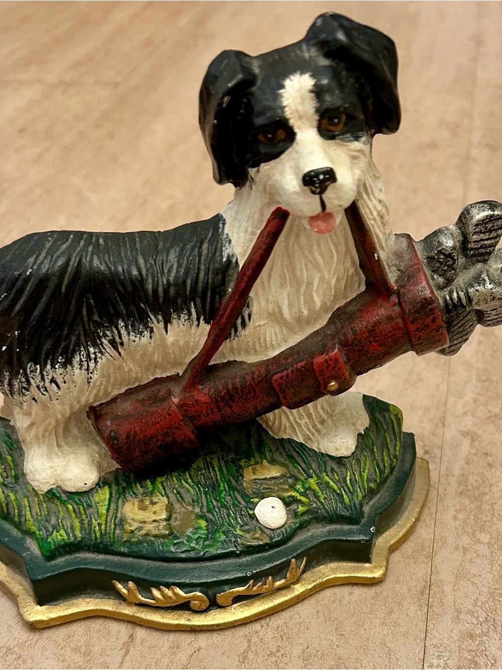 Cast Iron Door Stop Black/ White Dog Acting As A Golf Caddy